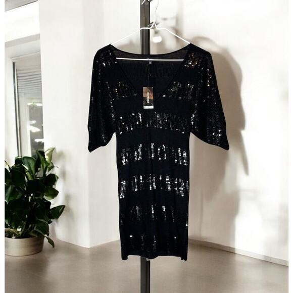 Express Black Sequin Embellished Striped V-Neck 3/4 Sleeve Y2K Style Mini Dress - Picture 1 of 8